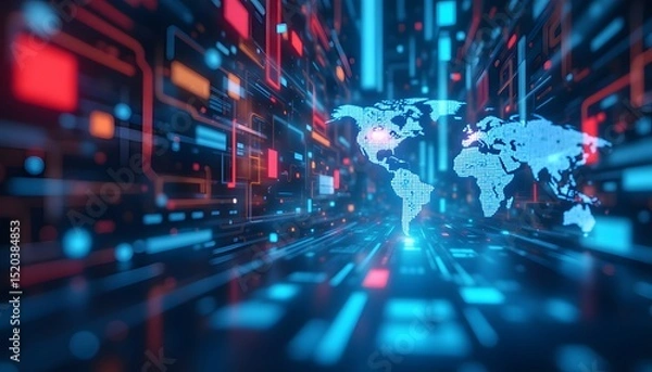 Obraz Abstract Digital World Map with Colorful Data Streams and Grids