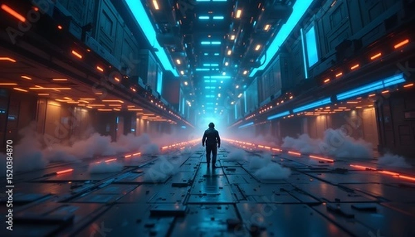 Fototapeta Futuristic Corridor with Neon Lights and Solitary Figure Walking