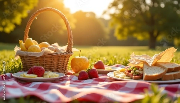 Fototapeta Sunlit Picnic Scene with Basket, Fruits, Bread, and Checkered Blanket