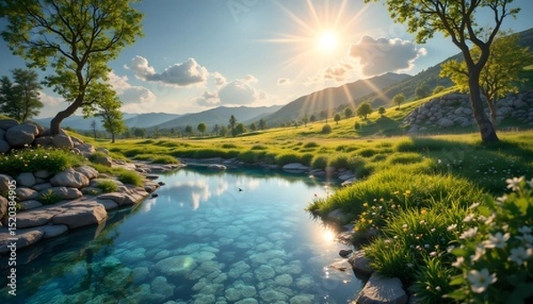 Fototapeta Serene Landscape with Sunlight Reflection on Calm Water Body