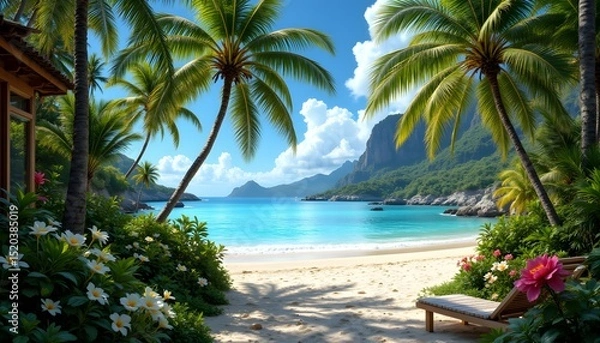 Fototapeta Serene Tropical Paradise with Palm Trees and Crystal Clear Water