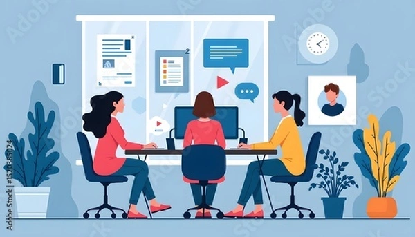 Fototapeta Three Women Collaborating in a Modern Office Workspace Setup