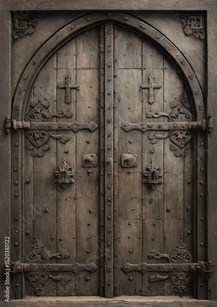 Fototapeta Detailed ancient wooden door with gothic architecture and weathered textured surface