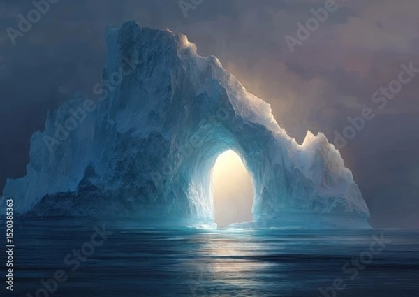 Fototapeta Arctic Majesty: A Glimpse Through the Ice Arch at Sunset with Reflections in Water