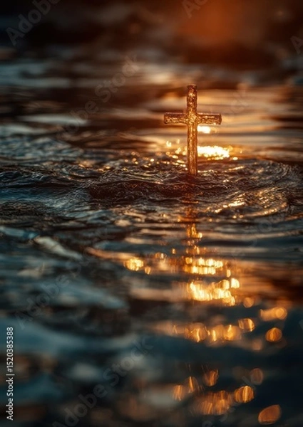 Fototapeta Golden cross reflects in rippling water at sunset, symbolizing faith and hope amidst life's challenges
