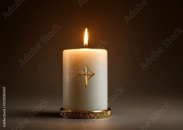 Fototapeta Elegant candle with golden cross shining brightly in soft ambient light
