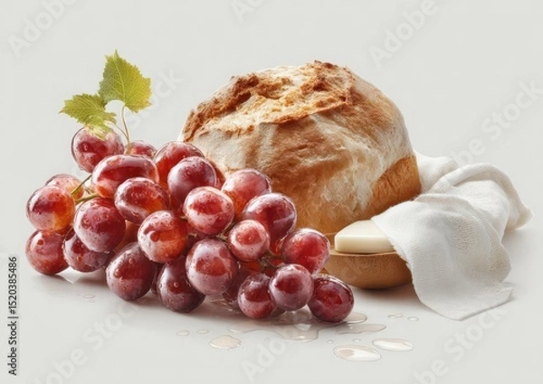 Fototapeta Still life composition with fresh grapes, crusty bread, and a white linen cloth on table