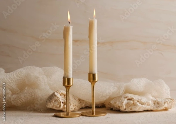 Fototapeta Elegant candle display with gold holders creating a warm and inviting ambiance