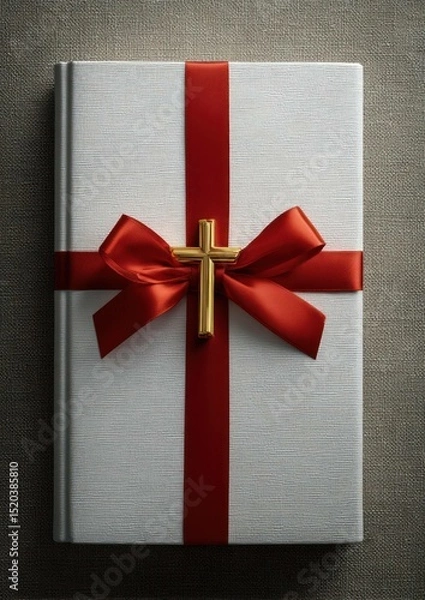 Fototapeta Elegant Christian gift: A Holy Bible adorned with a golden cross and red ribbon