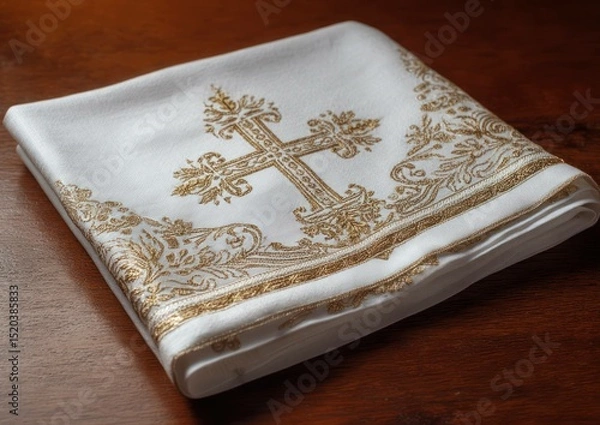 Fototapeta Elegant religious cloth with golden cross embroidery resting on a wooden surface