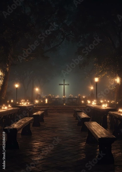 Fototapeta Nighttime Reverie: A Cross Illuminated by Candles in a Tranquil Garden Sanctuary