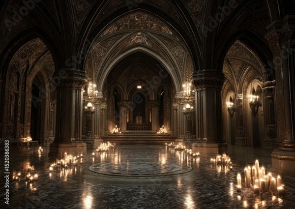 Fototapeta Gothic hall with candles, arched architecture and dim lighting creates a mysterious atmosphere