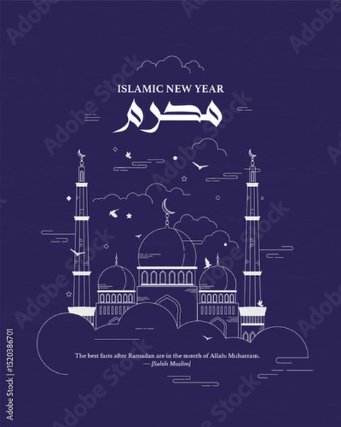Fototapeta Muharram Line Art Illustration – Islamic New Year Mosque Design for Ramadan, Hijri Calendar and Islamic Events. Feature a stylised mosque with bold outlines, minarets and modern flat color.