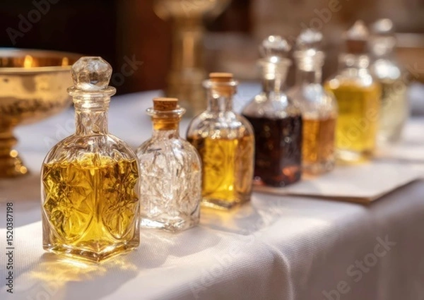 Fototapeta Assortment of elegant glass bottles filled with liquids on a white cloth, luxurious feel