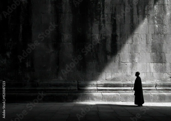 Fototapeta Solitude and Reflection: A Monk Bathed in Light by an Ancient Wall