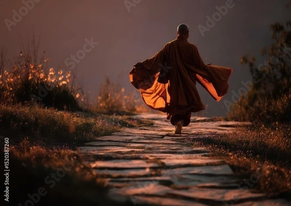 Fototapeta A peaceful journey: Monk walking at sunset symbolizing faith and serenity