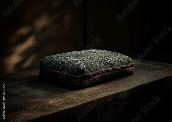 Fototapeta Rustic cushion on a wooden table with dark background, adding a moody and cozy ambiance