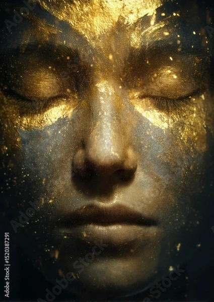 Fototapeta Golden elegance portrait with textured skin and eyes closed in mystic light effects