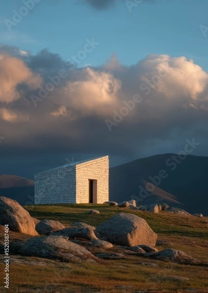 Fototapeta Striking angular modern building on a hilltop beneath a dramatic cloudy sky scenic landscape