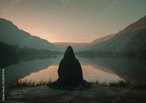 Fototapeta Cloaked figure contemplates a tranquil mountain lake at sunrise in silent reflection