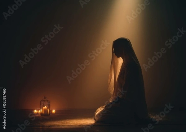 Fototapeta Silhouette of a woman in prayer with candles and a single beam of light above