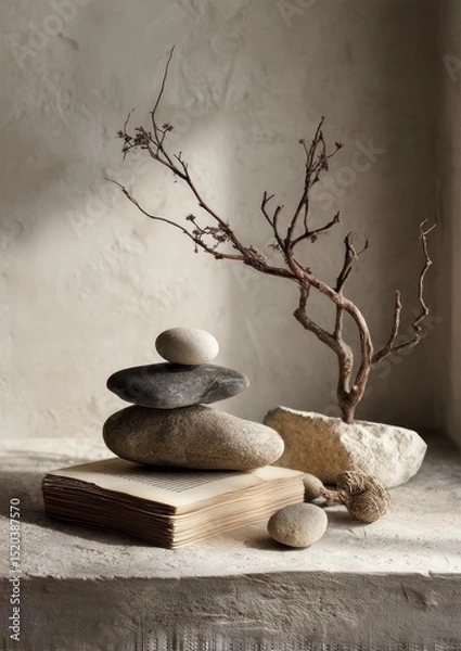 Fototapeta Zen Still Life with Balanced Stones, Book, and Branch for Calmness and Reflection
