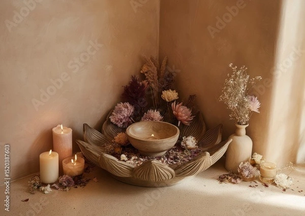 Fototapeta Aesthetic composition of candles, flowers, and wooden elements for spa and relax