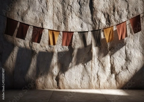 Fototapeta Medieval flags hanging on a stone wall casting shadows, creating a rustic atmosphere