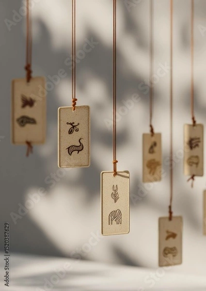 Fototapeta Hanging ceramic tiles with unique animal drawings creating artistic expression