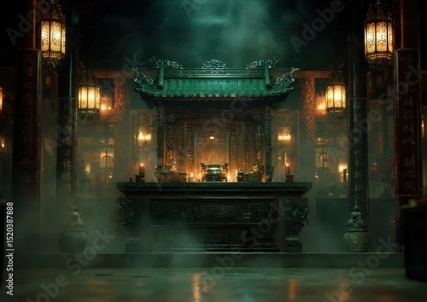 Fototapeta Mystical ambiance of an ancient Chinese temple altar shrouded in smoke and lanterns glow
