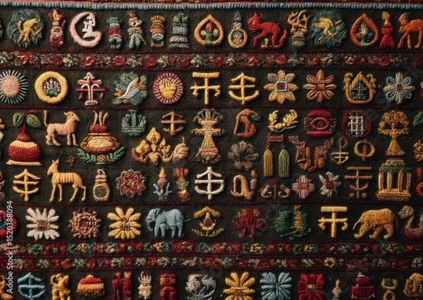 Fototapeta Intricate textile art showcasing diverse embroidery patterns and cultural symbols on fabric