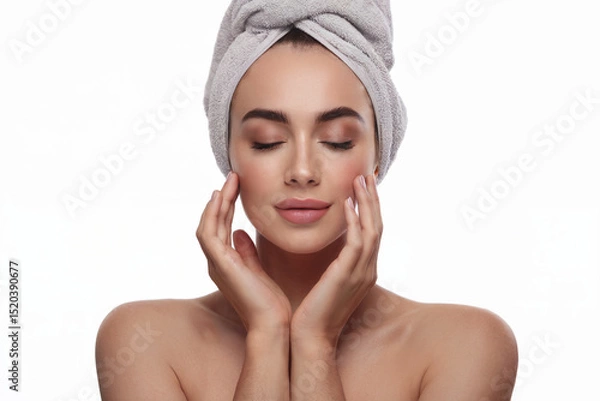 Fototapeta A beauty and skincare photograph of a caucasian woman with closed eyes and a serene expression, wearing a light gray towel wrapped around her head.