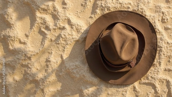 Fototapeta Brown Felt Fedora on Sunlit Sand with Sharp Shadow