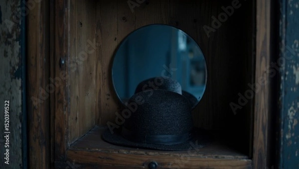 Fototapeta Vintage Black Fedora in Wooden Display Case with Mirror