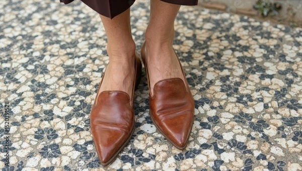Fototapeta Weathered Leather Loafers on Mosaic Stone Pavement