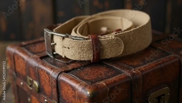 Fototapeta Aged Leather Belt on Vintage Suitcase with Library Backdrop