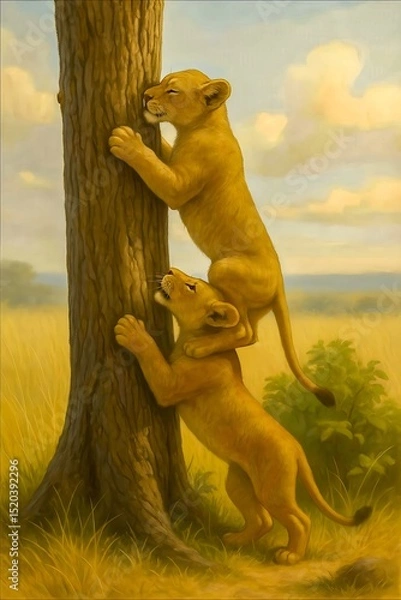 Obraz A heartwarming scene of young lions, where one lifts the other to reach a tree, symbolizing unconditional love, trust, and support in the animal kingdom.