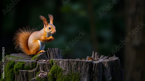 Fototapeta Red Squirrel (Sciurus vulgaris) on mossy tree stump in dark forest