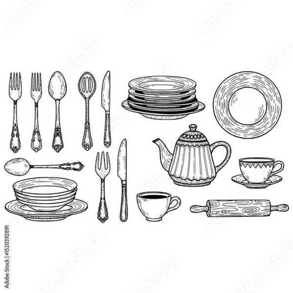 Fototapeta Vintage kitchenware utensils silverware tableware plates teapot cups rolling pin drawing illustration design