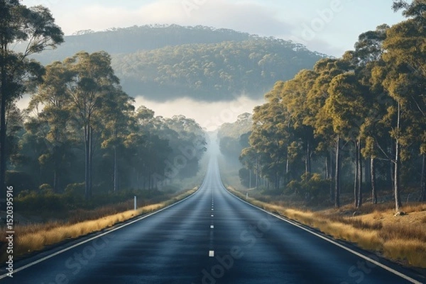 Obraz Scenic Mountain Road Adventure. Breathtaking Autumn Landscape with Misty Sky and Tall Trees