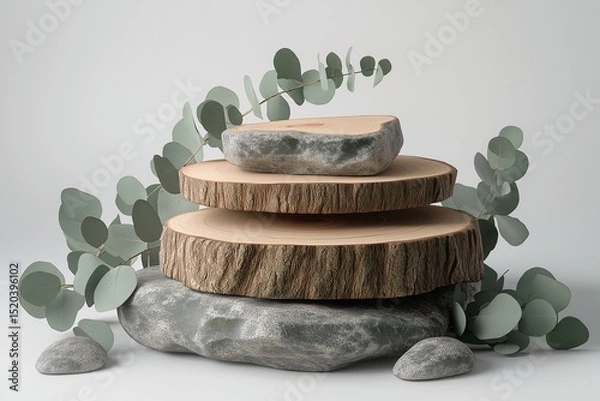 Obraz Modern Aesthetic. Minimalistic Wooden Slices and Greenery with Stone Display for Nature-Inspired Home Decor