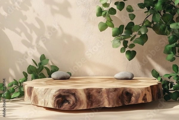 Obraz Wooden Tabletop Serenity. Natural Organic Decor with Zen Stones and Greenery for a Peaceful Interior