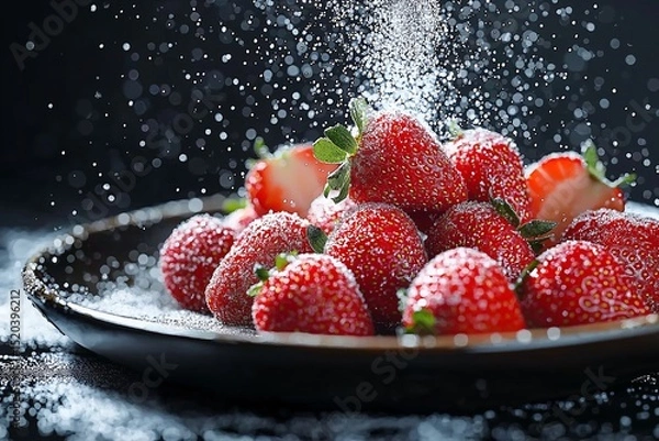 Obraz Fresh Strawberries Sprinkled with Fine Sugar. Vibrant Dessert Photography on Black Background