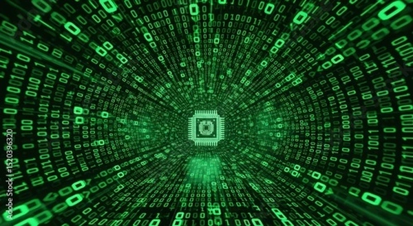 Fototapeta Green Binary Code and Microchip, Data Stream