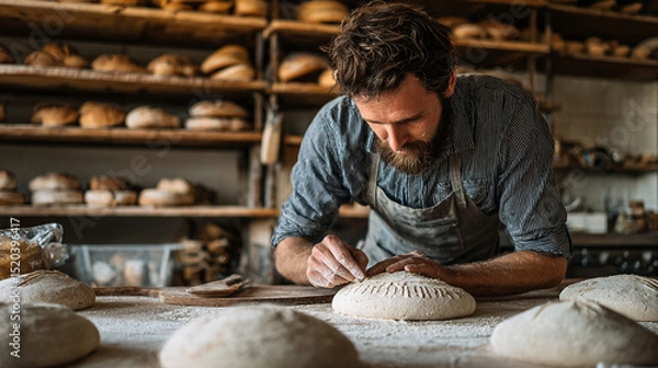 Obraz Artisan Bread Making Process: Professional Baker Crafting Handmade Sourdough Loaf in Rustic Kitchen Scene