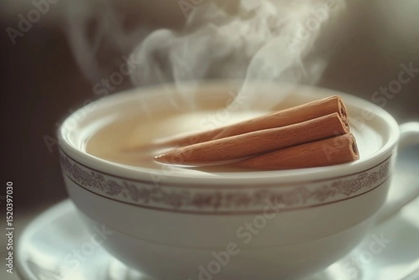 Obraz Cozy Morning Coffee and Tea. Savor Aromatic Warm Drinks with Cinnamon Comfort