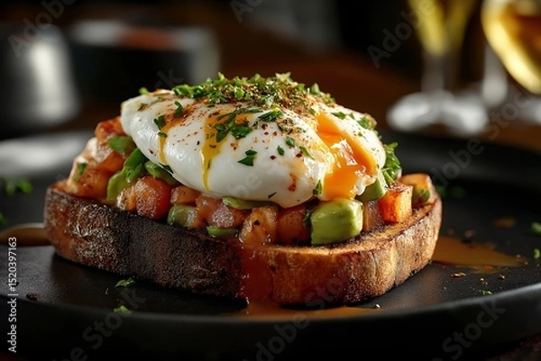 Obraz Colorful Morning Brunch. Poached Egg & Avocado on Rustic Artisan Toast - Vibrant Healthy Breakfast for Culinary Connoisseurs