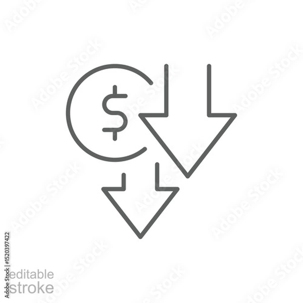Obraz Editable Stroke Outline Icon Showing Dollar Value Downward Trend and Reduced Expenses Cost Saving Financial Decrease Symbol