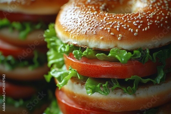Obraz Delicious Sesame Bagel Burger with Lettuce and Tomato - Gourmet Fast Food Using Fresh Ingredients