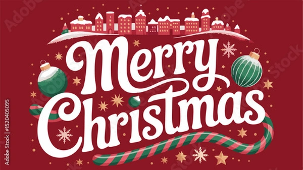 Fototapeta Merry Christmas typography with festive ornaments and candy cane.